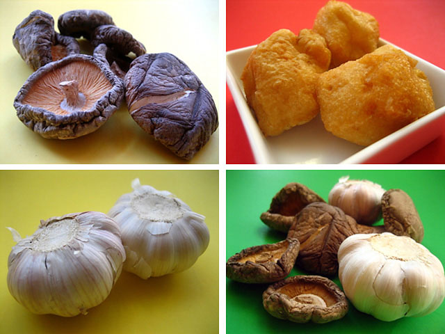 Bak Kut Teh Ingredients: Garlic Cloves, Tofu Puffs, and Dried Shitake Mushrooms