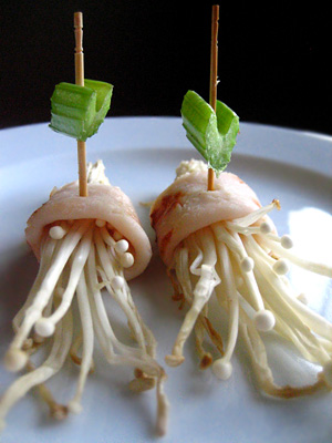 Grilled Enoki Mushrooms Wrapped with Smoked Chicken Breast