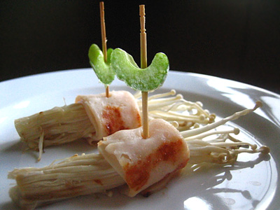 Grilled Enoki Mushrooms Wrapped with Smoked Chicken Breast