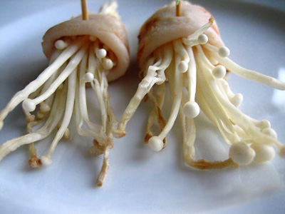 Grilled Enoki Mushrooms Wrapped with Smoked Chicken Breast